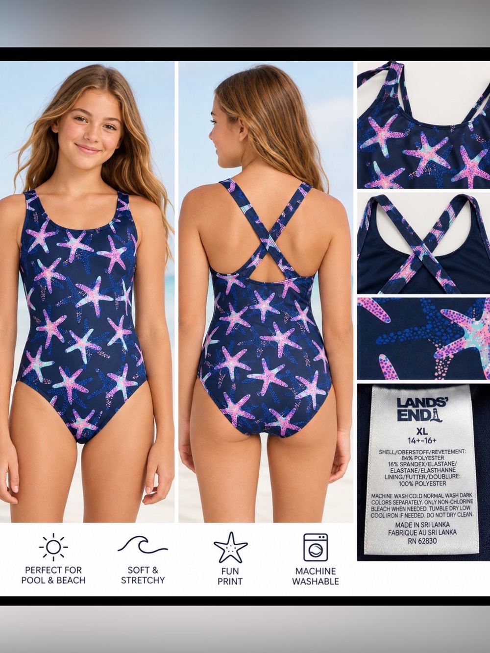 Lands’ End Girls XL 14-16 Navy Starfish One Piece Swimsuit